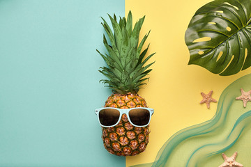 Fashion Hipster Pineapple Fruit. Bright Summer Color, Accessories. Tropical pineapple with...