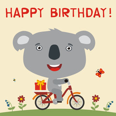 Happy birthday! Cute koala rides on bike with birthday gift. Card for birthday with little koala in cartoon style.