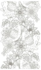 Seamless vertical monochrome pattern with flowers and birds stock vector illustration