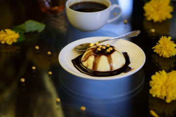 Pannacotta dessert with flowers