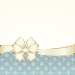 Vector Invitation card with golden holiday ribbon and bow. Gift Voucher Template  with  place for text.