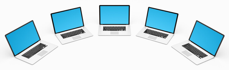 Five modern digital silver and black laptop 3D rendering