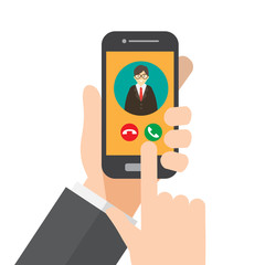 smartphone call , ringing phone. hand holds smartphone. vector illustration.