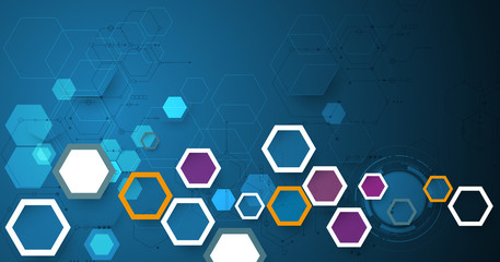 Vector illustration circuit board and 3d paper hexagons background. Hi-tech digital technology and engineering, digital telecom technology concept. Vector abstract futuristic on dark blue background
