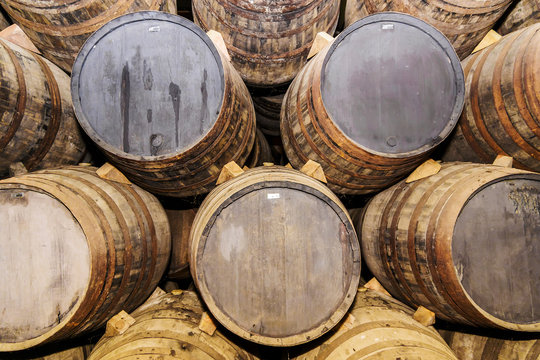 Background of old oak barrels