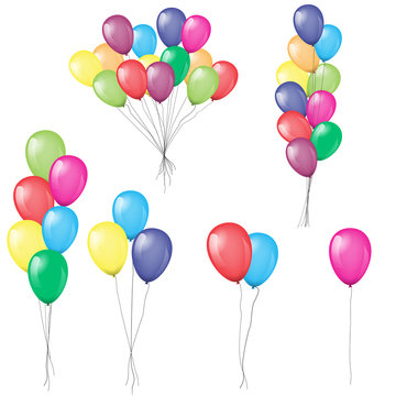 Bunches and groups of colorful helium balloons isolated. Illustrated vector.