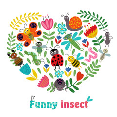 heart funny insect and plants - vector illustration, eps