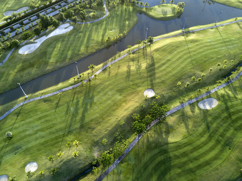 Aerial view of the green golf course in Thailand.