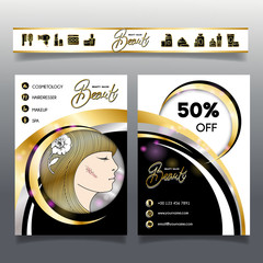 Template business brochure for beauty salon and hairdressing shop. Vector illustration face of girl and cosmetics icons for use on booklets, flyers, business card, discount voucher.