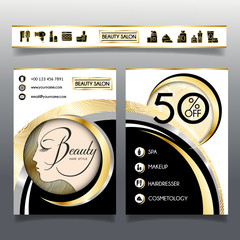 Template business brochure for beauty salon and hairdressing shop. Vector illustration face of girl and cosmetics icons for use on booklets, flyers, business card, discount voucher.