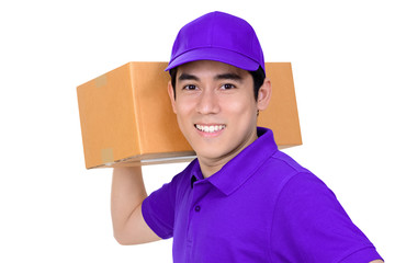 Young delivery man carrying box