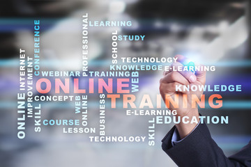 Online training on the virtual screen. Education concept. Words cloud.