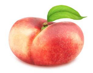 Flat nectarine with leaf. Full depth of field.