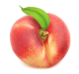 Flat nectarine with leaf. Full depth of field.