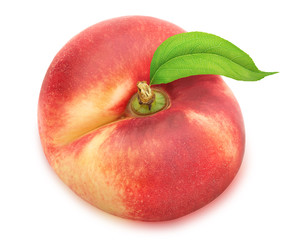 Flat nectarine with leaf. Full depth of field.