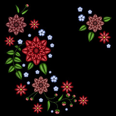 Fototapeta na wymiar Vector embroidery ethnic flowers neck line flower design graphics fashion wearing