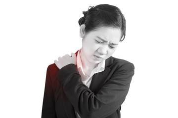 Painful shoulder in a woman isolated on white background. Clipping path on white background.