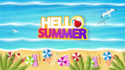Fototapeta na wymiar Aerial view of summer beach in photorealistic vector style with Hello Summer lettering.