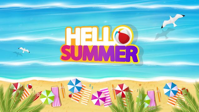 Aerial view of summer beach in photorealistic vector style with Hello Summer lettering.