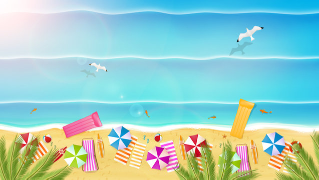 Aerial view of summer beach in photorealistic vector style.