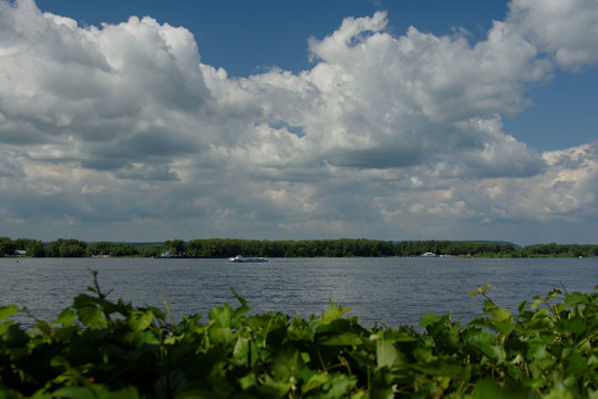 Amazing panoramic view from the height on the touristic part of the Volga river near Samara city at summer sunny day.Beautiful natural landscape.Picturesque central part of Russia.Europe.