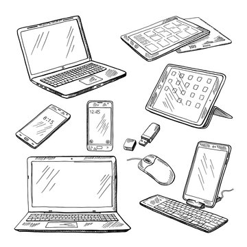 Doodle illustrations of different devices laptop, smartphone, tablet, pc and other. Vector pictures set