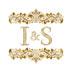 I and S vintage initials logo symbol. The letters are surrounded by ornamental elements. Wedding or business partners monogram in royal style.