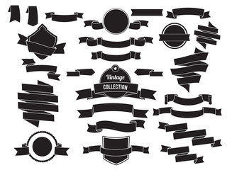 Vintage monochrome banners and ribbons. Decorative signs for advertising. Vector black empty badges isolate on white