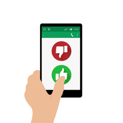 Left hand holding mobile phone and pressing Yes button. Vector illustration. Social network concept. Green and red thumbs up and down buttons. Feedback emoji icon vector illustration.