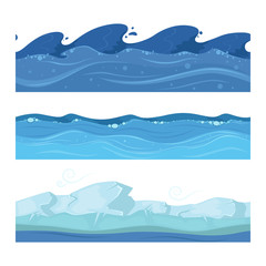 Ocean or sea water waves. Vector set of horisontal seamless patterns for ui games