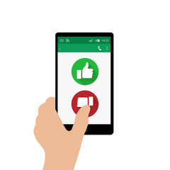Left hand holding mobile phone and pressing No button. Vector illustration. App window. Green and red thumbs up and down buttons. Feedback emoji icon vector illustration.