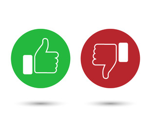 Illustration of red and green thumbs up and down buttons; isolated on white background.