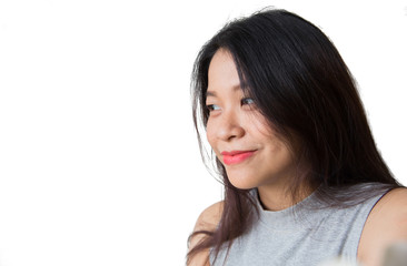 looking the future concept, asian women black long hair adult smile isolated on white.