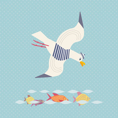 Sea gull icon. Freehand cartoon style. Flying cute gull bird logo. Seabird marine symbol isolated. Stylized nautical animal emblem. Element project banner background. Vector design advertisement label