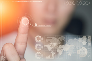 hand finger touch finger print verified with secure business infomation data display screen access.