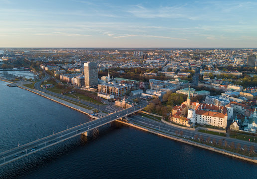 Cable-stayed bridge. Riga, capital of Latvia. Aerial view.
