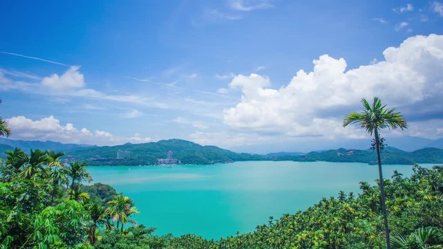 Time Lapse - Aerial View of Sun Moon Lake, Taiwan with Nice Cloudscape - 4K
