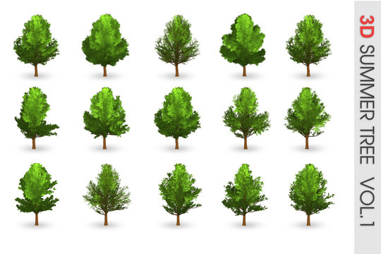 3D Summer set Tree collection object isolated on white volume 1