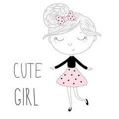 Hand Drawn cute little girl, doodle nursery illustration