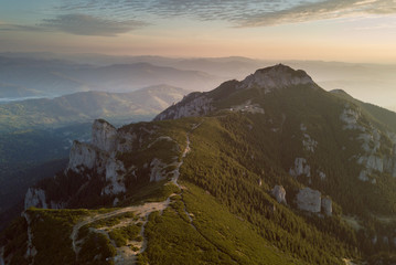 Aerial view of sunrise on top of the mountain