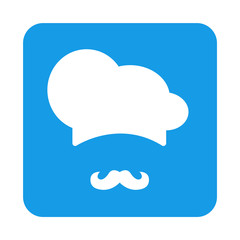 Icono plano gorro cocinero y bigote en cuadrado azul