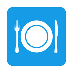 Icono plano plato y cubiertos en cuadrado azul