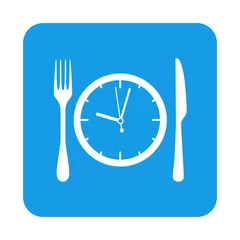 Rolgordijnen Icono plano reloj y cubiertos en cuadrado azul © teracreonte