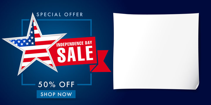 Independence day USA big sale template on dark background. United States discounts. Traditional patriotic stars, celebrating labels, web banners, fourth of July offer, % off ad, clean piece of paper.