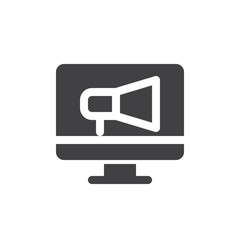Screen and megaphone icon vector, filled flat sign, solid pictogram isolated on white. Online advertising symbol, logo illustration. Pixel perfect