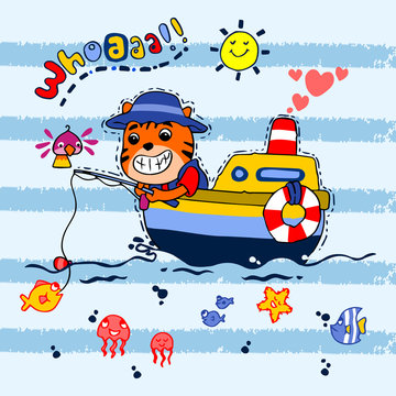 cute tiger fishing in the sea with little boat. vector cartoon illustration