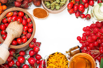 Medicinal plants and herbs composition: Berries of a viburnum, Dog rose hips; Flower petals of calendula, tansy and daisy. herbal Tea with, essential oil on white - room for text  