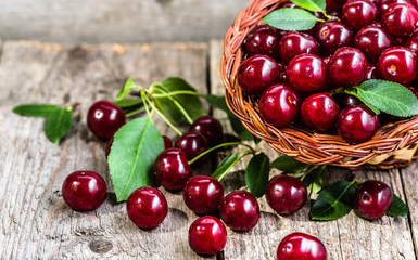 Organic cherries, farm fresh fruits on farmer table - 161826394
