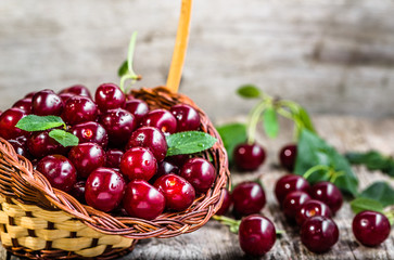 Organic cherries, farm fresh fruits on farmer table