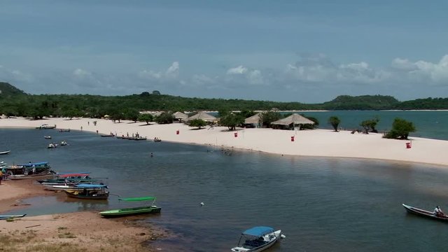 Popular sandy fresh water resort with Love Island at Alter do Chao, state of Para, Brazil